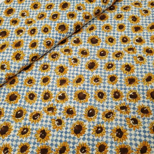 Rumba Baumwolle Sonnenblumen rauchblau, weiß, gelb, braun
