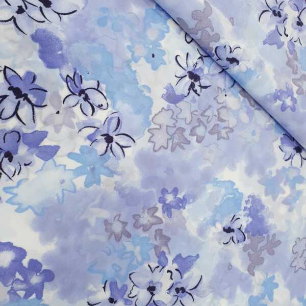 Berit Polyester Blumen flieder, himmelblau, weiß