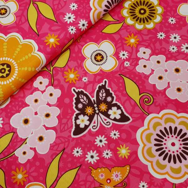 Enchanted Garden Patchworkstoff Schmetterlinge mit Blumen pink, kiwigelb, braun, orange, rosa, weiß