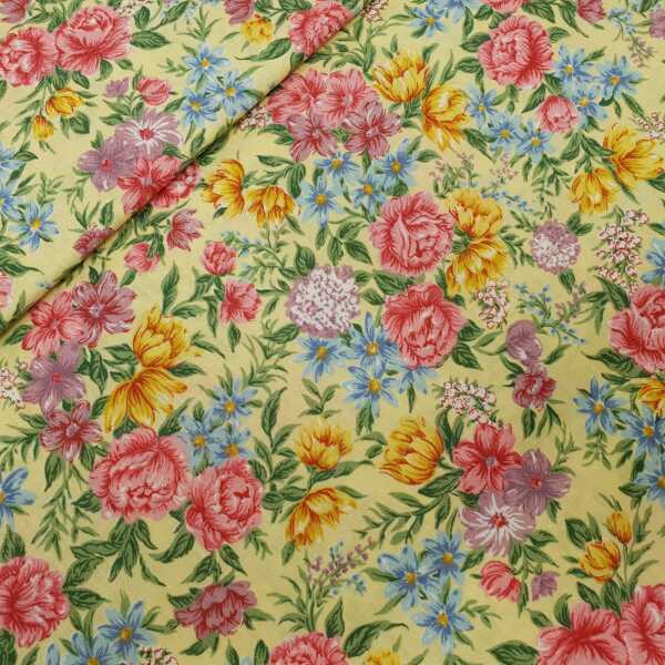 Classic Cotton Patchworkstoff Blumen hellgelb, pink, blau, gelb, grün