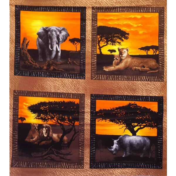 Serengeti by Farbri-Quilt Patchworkstoff afrikanische Tiere orange, braun, schwarz