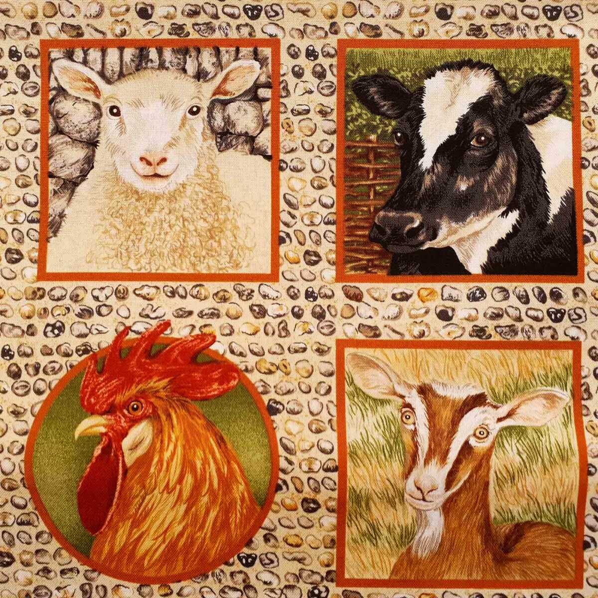 Farmyard Labels Patchworkstoff Tiere vom Bauernhof in natürlichen
