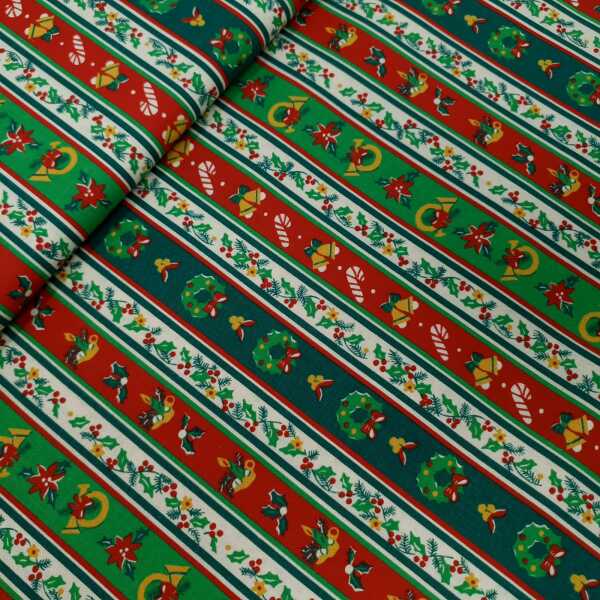 Christmas Stripes II Patchworkstoff, Streifen, eierschale, grün, rot, gelb