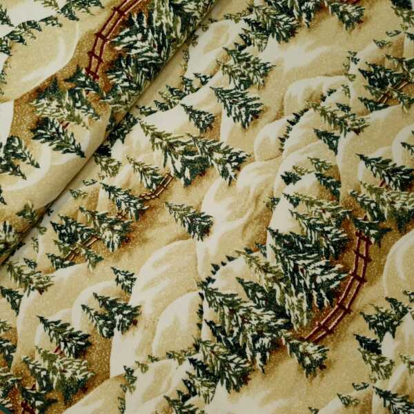 Holiday Homecoming Flannel by Thimbleberries Patchworkstoff, Tannenbäume, beige