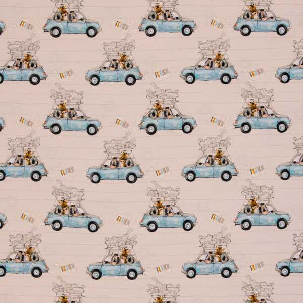 Girona Jersey Baumwolle Tiere im Auto, natur, bunt