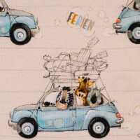 Girona Jersey Baumwolle Tiere im Auto, natur, bunt