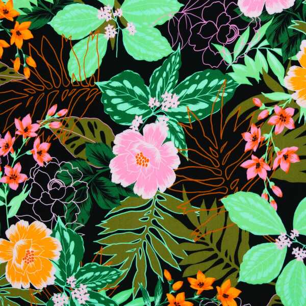 Julia Viskose Webware Blumen, schwarz/grün/rosa