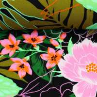 Julia Viskose Webware Blumen, schwarz/grün/rosa