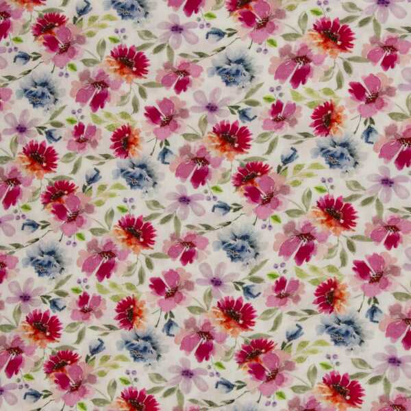 Thea , **Restschrumpfwert ca. 10%** - Musselin, Double Blumen, pink/blau/weiß
