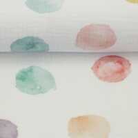 Thea , **Restschrumpfwert ca. 10%** - Musselin, Double Tupfen, bunt/smaragd/weiß