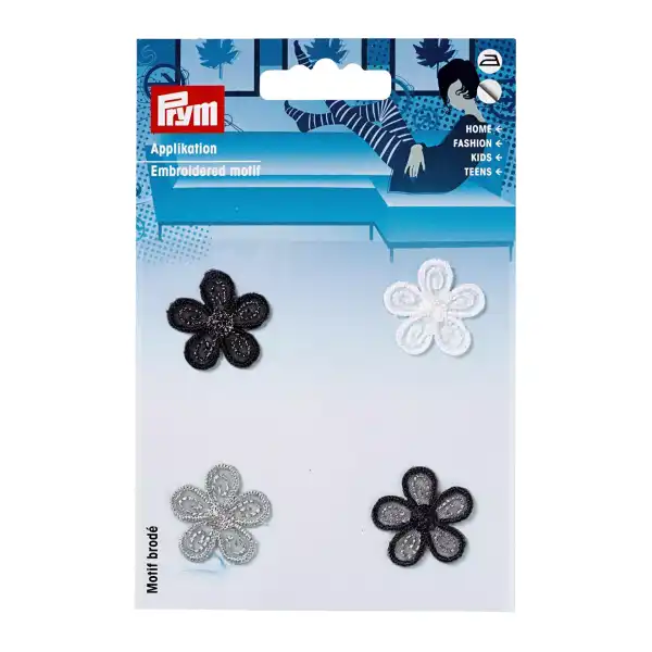 Applikation selbstkl./aufb. Blumen schwarz/hellgrau 926535